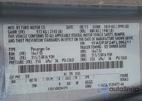 2015 Ford Focus Se z USA, uszkodzony, nr VIN 1FADP3F24FL366211